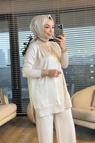 286 Düz Kupra Yandan Fermuarlı Tunik Bej