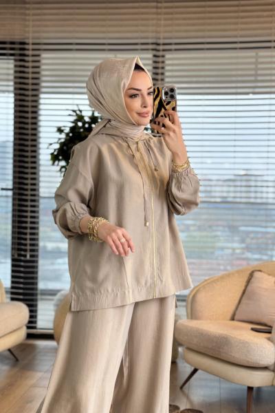 2872 Bol Paça Fermuarlı Takım Bej