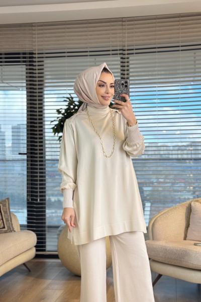 289 Omuzu Düğmeli Kupra Triko Tunik Bej