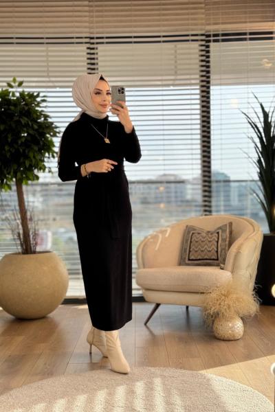 29119 Kendinden Kemerli Boğazlı Elbise Siyah