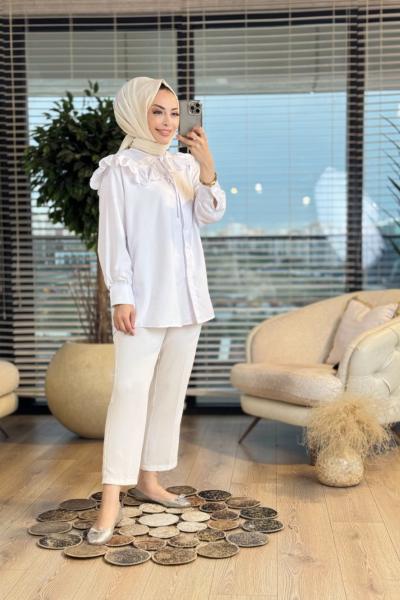 2918 Yakası Fırfırlı Detaylı Gömlek Beyaz