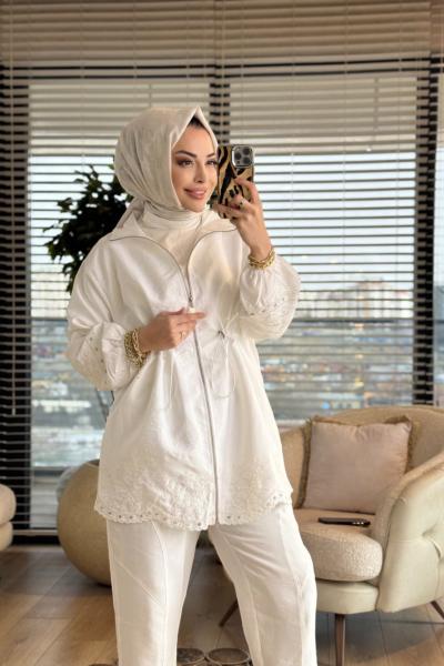3020 Nakış Detaylı Ceket Ekru