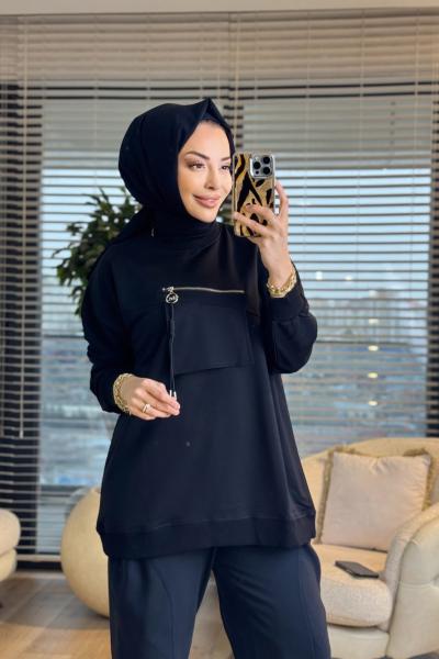 3051 Cebi Fermuar Detaylı Sweatshırt Siyah