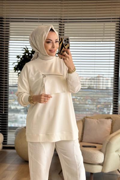 3051 Cebi Fermuar Detaylı Sweatshırt Ekru