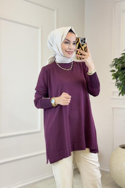 306 Kolu Beş Düğmeli Triko Tunik Mürdüm