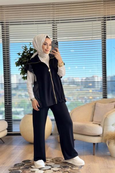 3063 Garni Detaylı Yelekli Takım Siyah