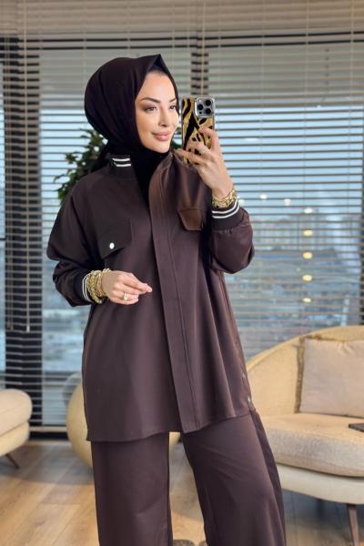 3075 Çıtçıt Ve Triko Detaylı Takım Kahve