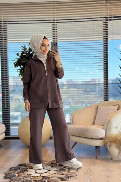 3080 File Detaylı Fermuarlı Takım Kahve
