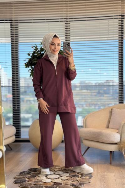 3080 File Detaylı Fermuarlı Takım Mürdüm