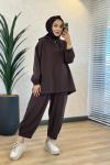 3101 Kapşonlu Patı Fermuarlı Sweatshirt Kahve