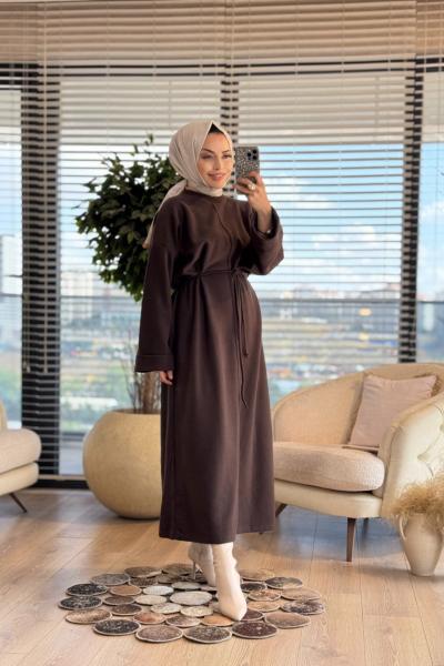 3108 Dikiş Detaylı Dokulu Elbise Kahve