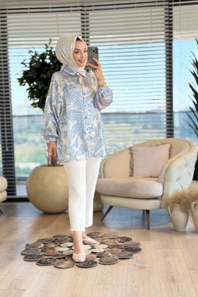 313-5 Saten Şal Desen Gömlek Ekru Mavi