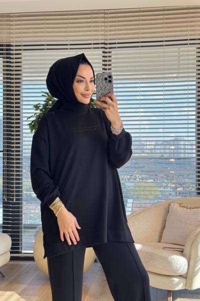 3149 Önü Baskı Detaylı Rahat Takım Siyah