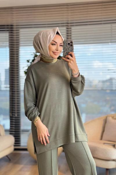 3149 Önü Baskı Detaylı Rahat Takım Haki