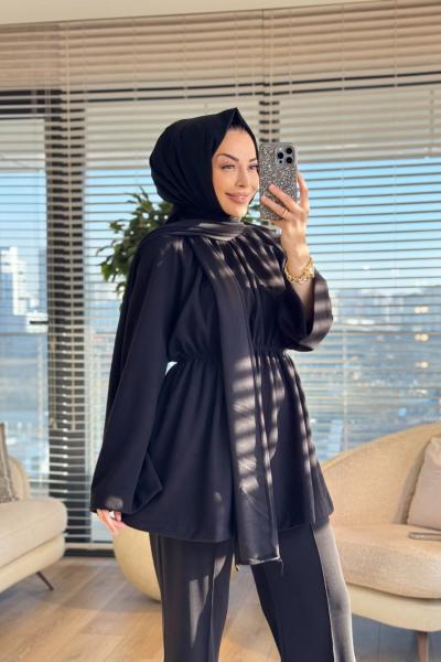 3158 Atkı Detaylı Beli Büzgülü Tunik Siyah