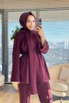 3158 Atkı Detaylı Beli Büzgülü Tunik Mürdüm