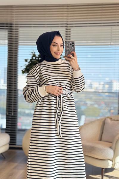 3177 Çizgili Üç İplik Elbise Lacivert