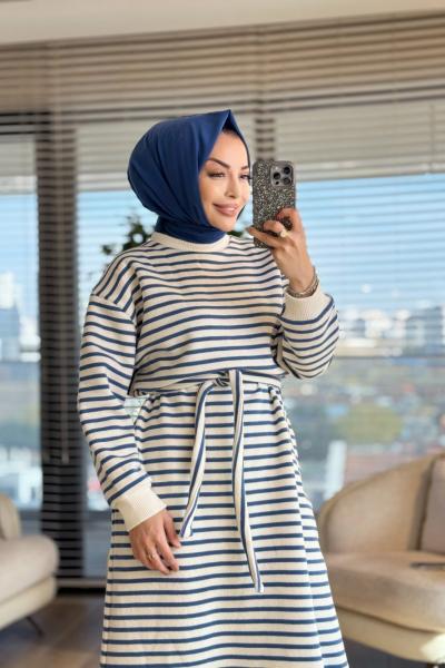 3177 Çizgili Üç İplik Elbise Mavi