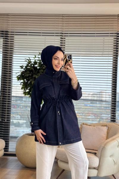 3190 Beli Bağcıklı Denim Ceket Lacivert