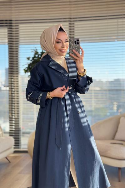 32139 Ön Arka Kol Yazı Baskılı Trenç Lacivert