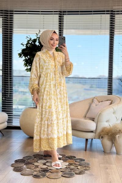 32361 Zikzak Çiçek Desen V Yaka Elbise Sarı