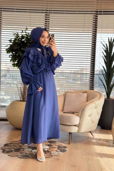 3237 Volan Ve Bağlama Detaylı Etekli Takım Lacivert