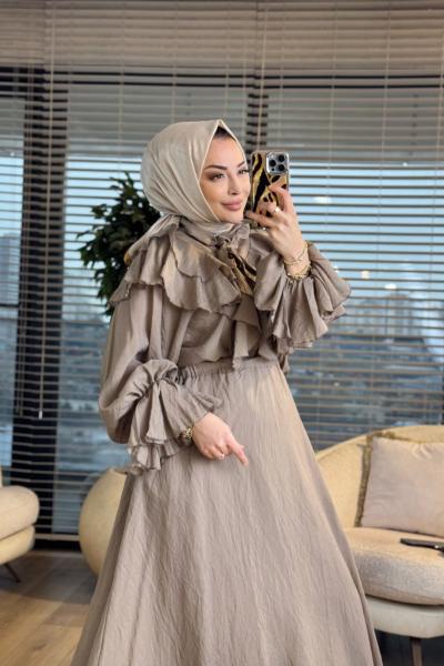 3237 Volan Ve Bağlama Detaylı Etekli Takım Vizon