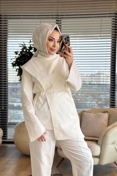 3244 Şal Detaylı Gömlek Ekru