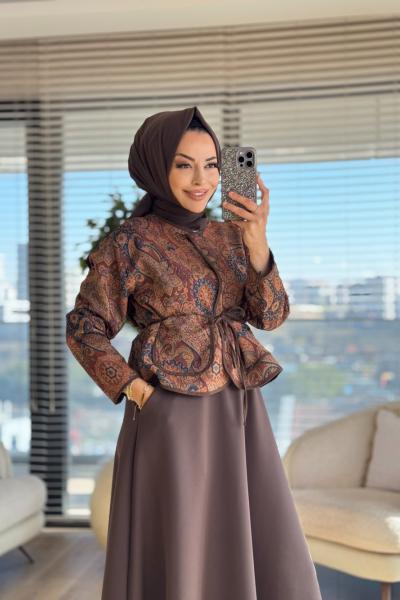 32447 Otantik Desen Önden Bağlamalı Ceket Kahve