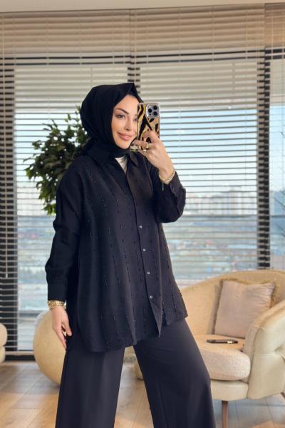 3245 Sarkıt Boncuk İşlemeli Gömlek Siyah