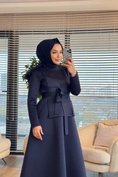 32459 Önü Kuşak Bağlamalı Etekli Takım Lacivert