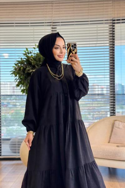 32528 Kendinden Desenli Elbise Siyah