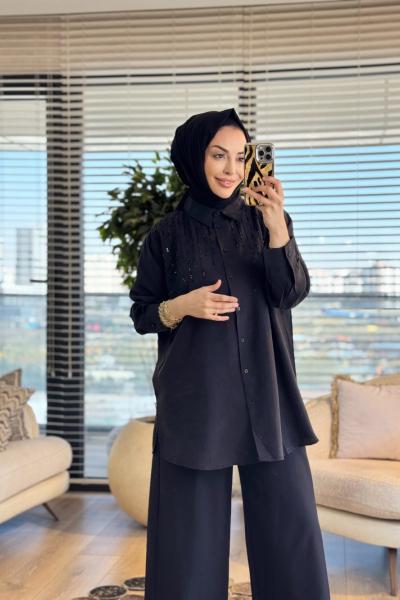 3272 Roba Sıralı Boncuk İşlemeli Gömlek Siyah