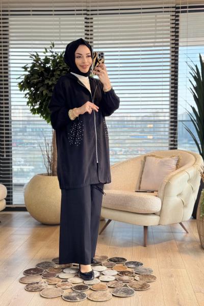 3278 Cepleri Taş Detaylı Midi Boy Kap Siyah