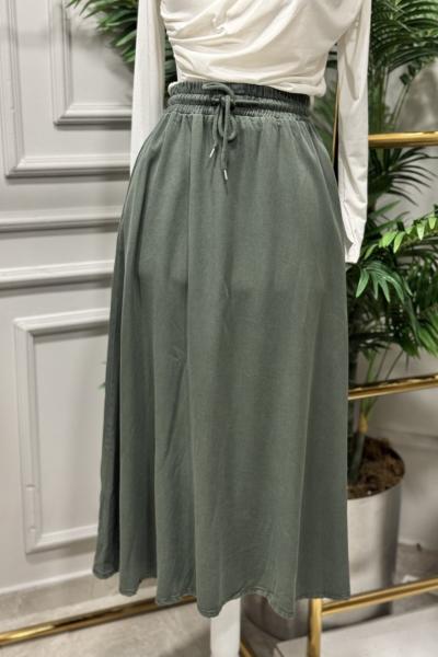 3322 Tencel Beli Lastikli Kloş Etek Haki