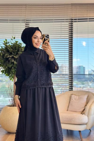 3370 Sarmaşık İşlemeli Etekli Takım Siyah