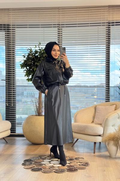 33736 Deri Kapşonlu Fermuarlı Etekli Takım Siyah