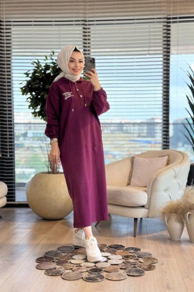 33744 Baskılı Kapşonlu Cepli Elbise Mürdüm