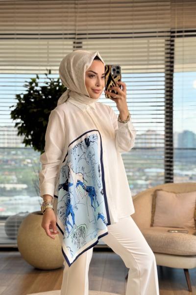 3380 Asimetrik Parça Detaylı Gömlek Ekru