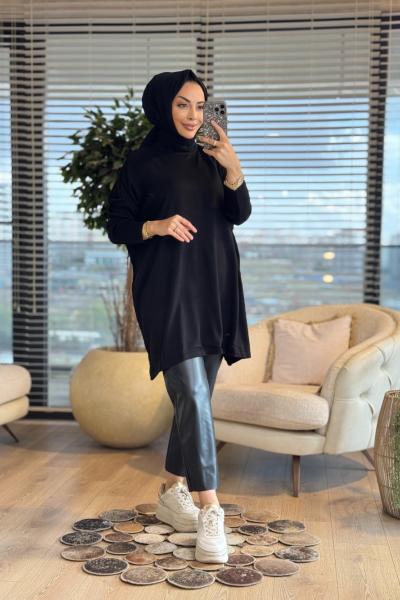 3399 Yarasa Kol Triko Tunik Siyah