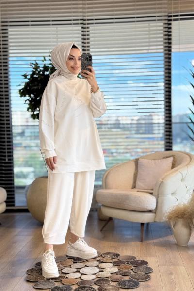 34049 Taş Detaylı SweatShirt Ekru