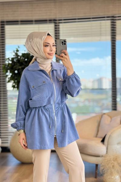 34082 Fermuarlı Dik Yaka Kap Mavi