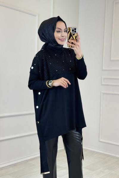 341 Önü Fileli Triko Panço Siyah