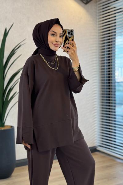 3453 Dikiş Ve Yırtmaç Detaylı Sweatshirt Kahve