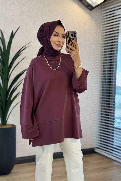 3453 Dikiş Ve Yırtmaç Detaylı Sweatshirt Mürdüm