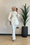 3485 Kabartma Desenli Ceket Ekru