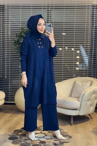 3502 Kendinden Desenli Patı 2 Sıra Düğmeli Triko Tunik Lacivert