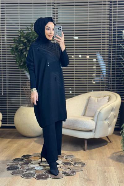 3508 Üst Pul Nakışlı Kendinden Desenli Triko Tunik Siyah
