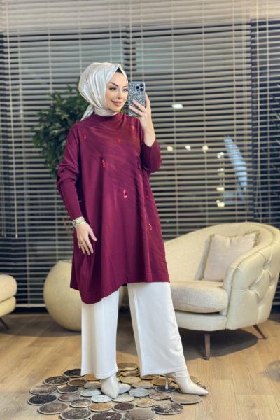 3508 Üst Pul Nakışlı Kendinden Desenli Triko Tunik Bordo