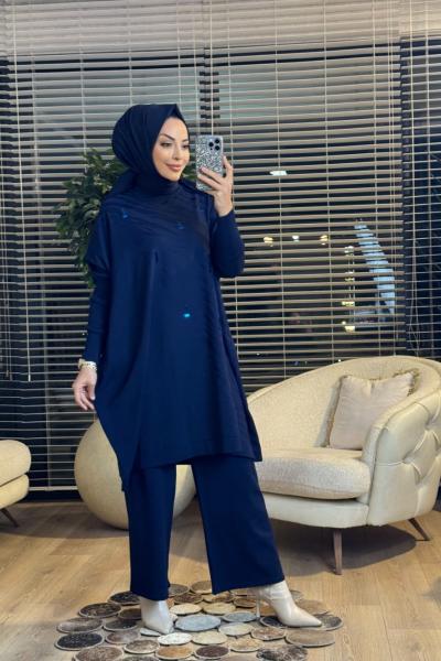 3508 Üst Pul Nakışlı Kendinden Desenli Triko Tunik Lacivert